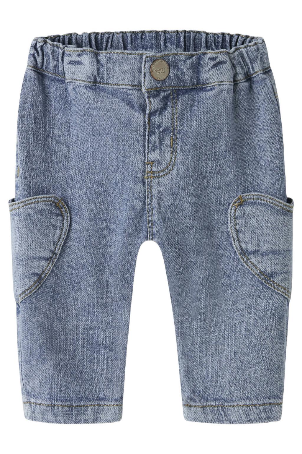 Medium blue denim meisjes NAME IT BABY mom jeans mediumblauw van stretchdenim met drukknoopsluiting en effen