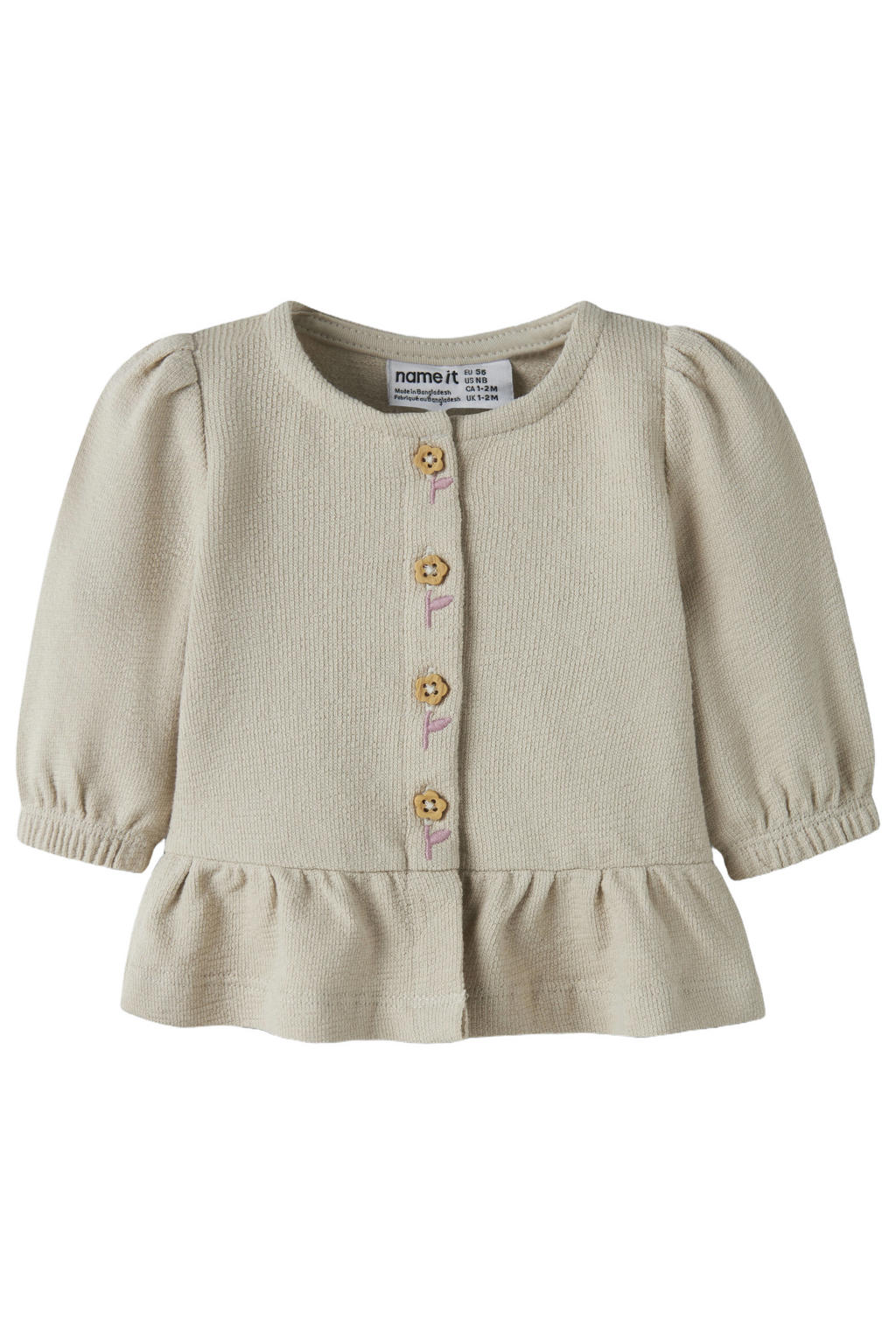 Beige meisjes NAME IT BABY rechtvallend gebreide vest van katoen met effen, half lange mouwen, ronde hals, knoopsluiting en borduursels