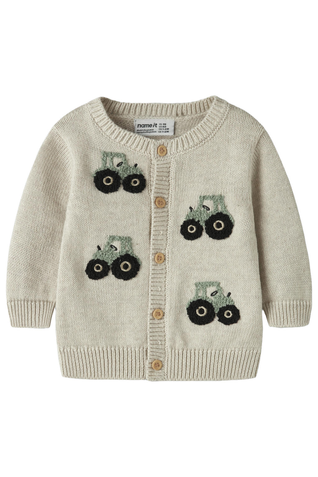 Beige jongens NAME IT BABY katoenen rechtvallend gebreide vest en print met lange mouwen, ronde hals, knoopsluiting en borduursels