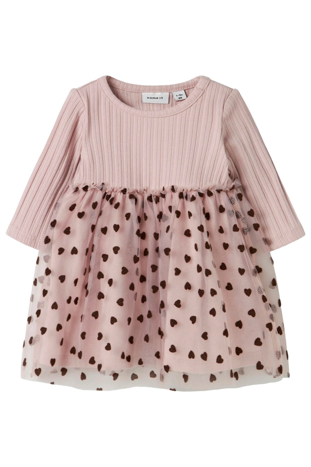 NAME IT BABY katoenen korte A-lijn jurk met hartjes - mauve