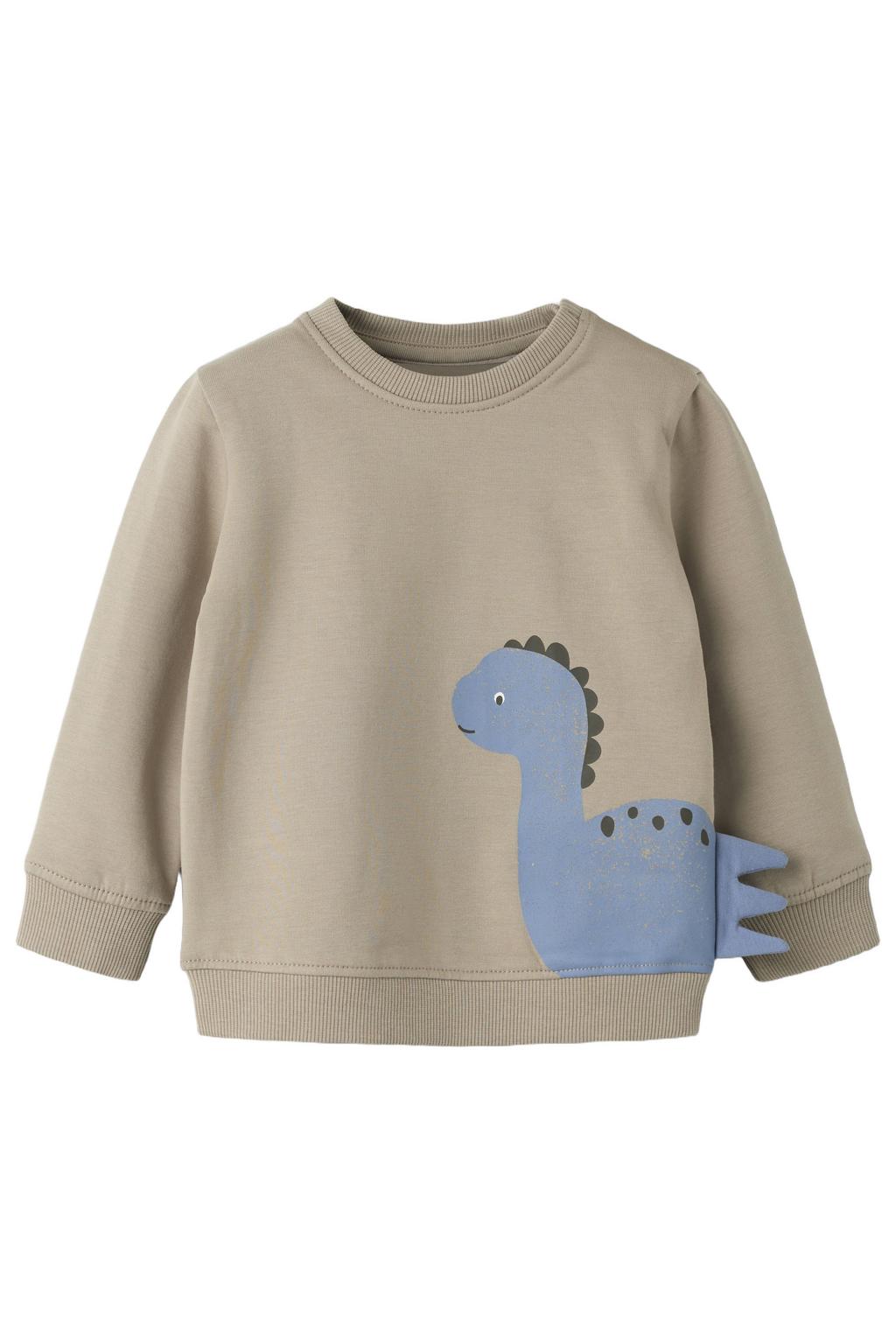 Beige jongens NAME IT BABY regular fit sweater met lange mouwen, ronde hals, drukknoopsluiting en 3D applicatie