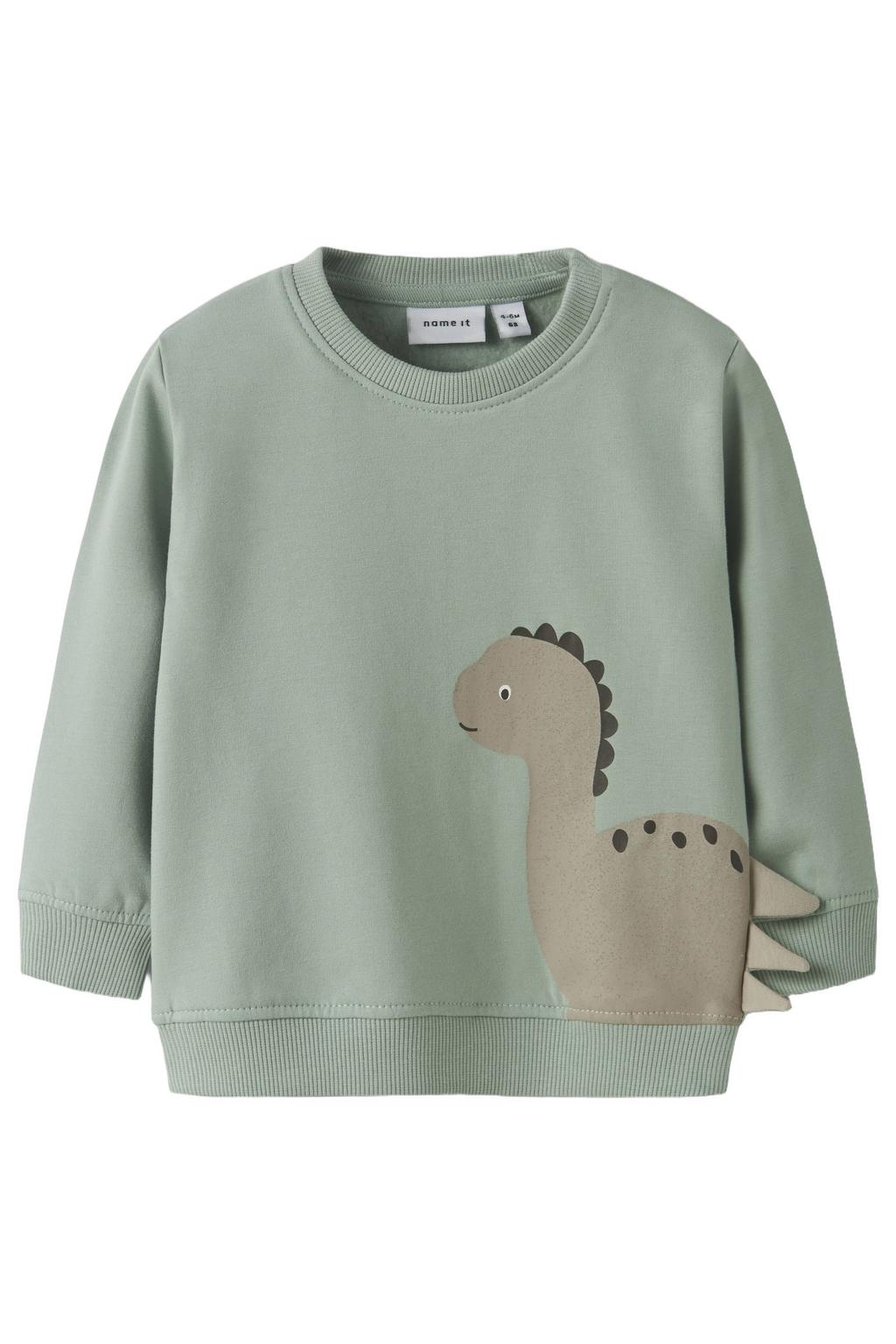 Lichtgroene jongens NAME IT BABY regular fit sweater met lange mouwen, ronde hals, drukknoopsluiting en 3D applicatie