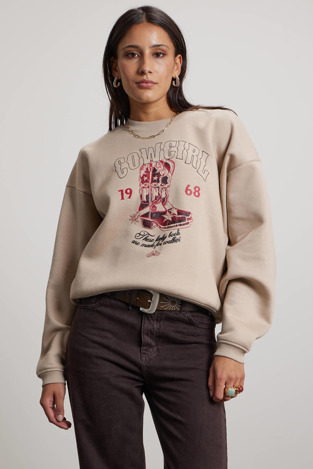 Beige dames Pink Noir sweater van katoen met printopdruk, lange mouwen en ronde hals