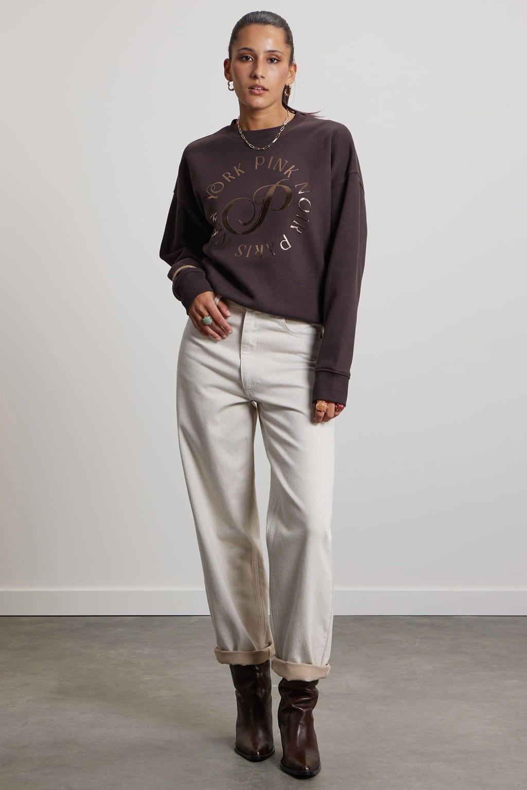 Pink Noir katoenen sweater met print - donkerbruin