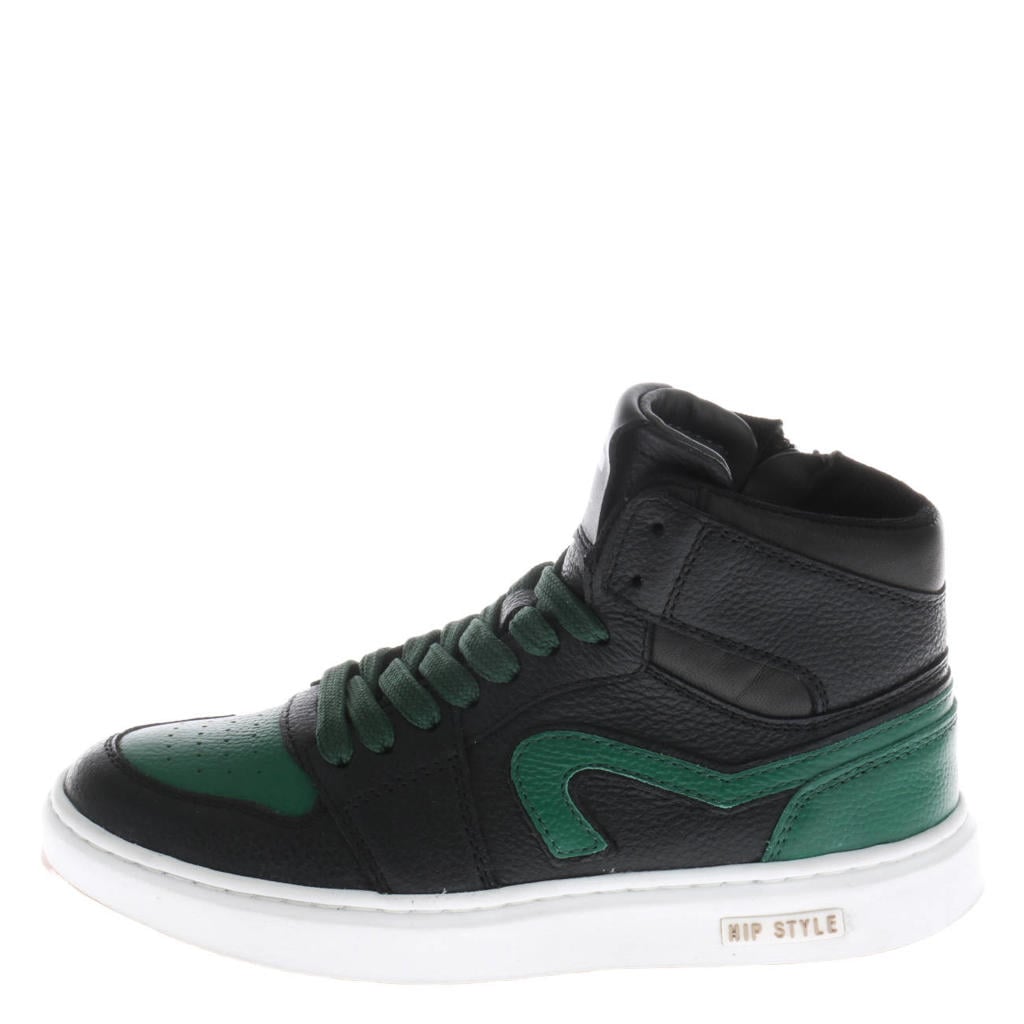 Zwart en groene jongens Hip leren sneakers - met rits- en vetersluiting