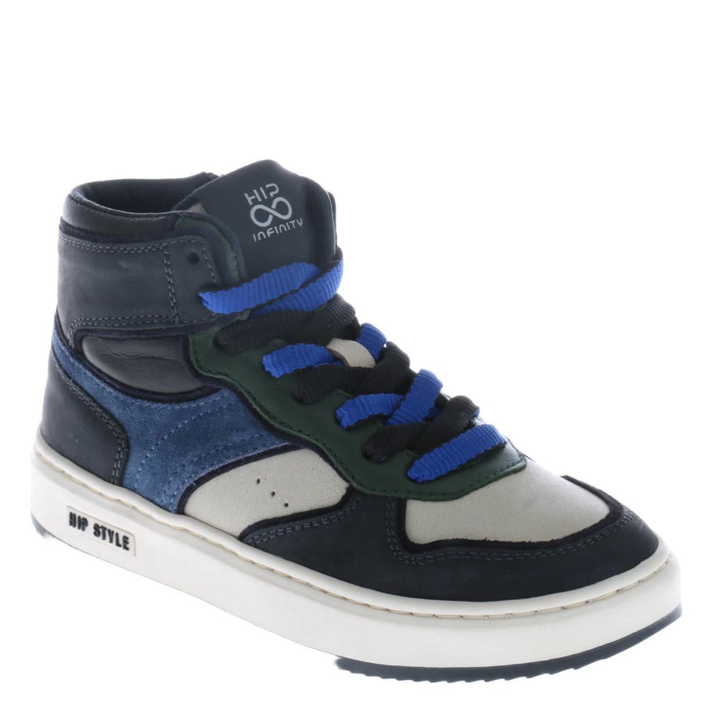 Donkerblauw en zwarte jongens Hip leren sneakers - van 67% leer/33% suède met rits- en vetersluiting