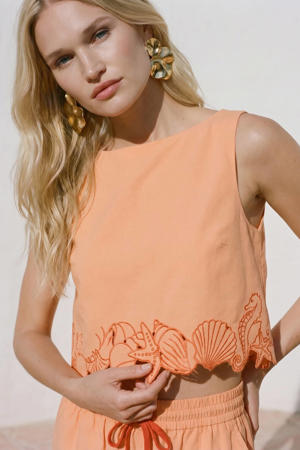 katoenen top met borduursels - oranje