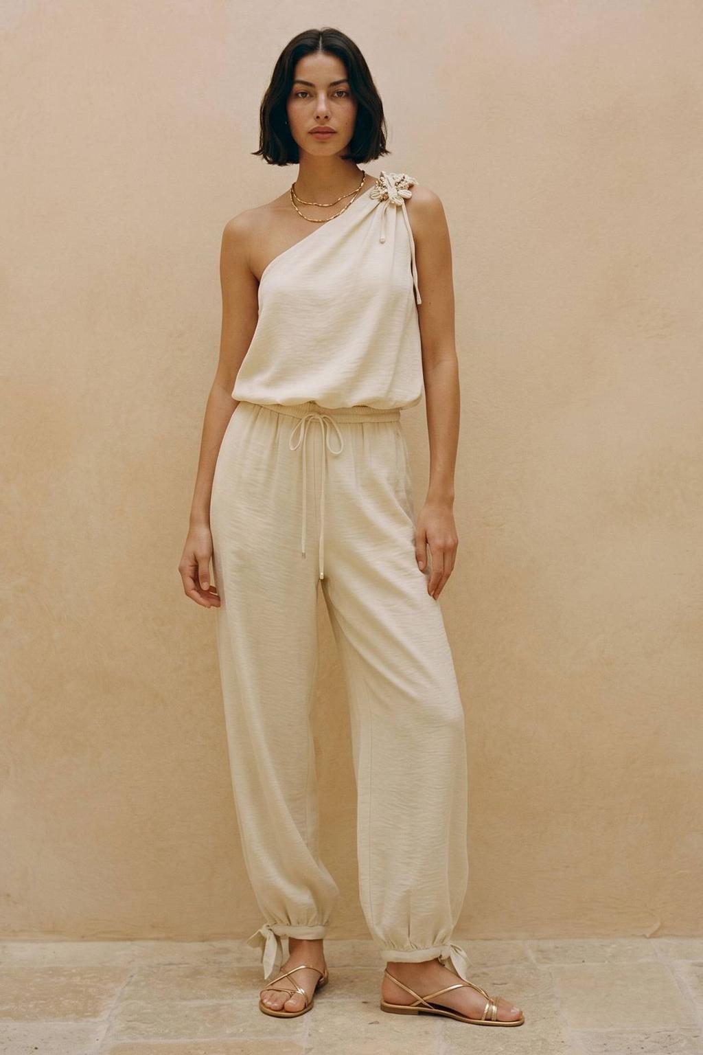 Ecru dames VERO MODA loose broek van modal met regular waist, elastische tailleband en effen