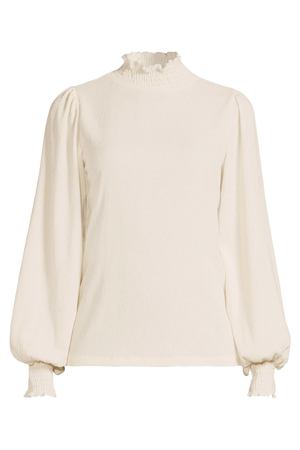 Witte dames Anytime top van polyester met effen, lange mouwen en smockwerk