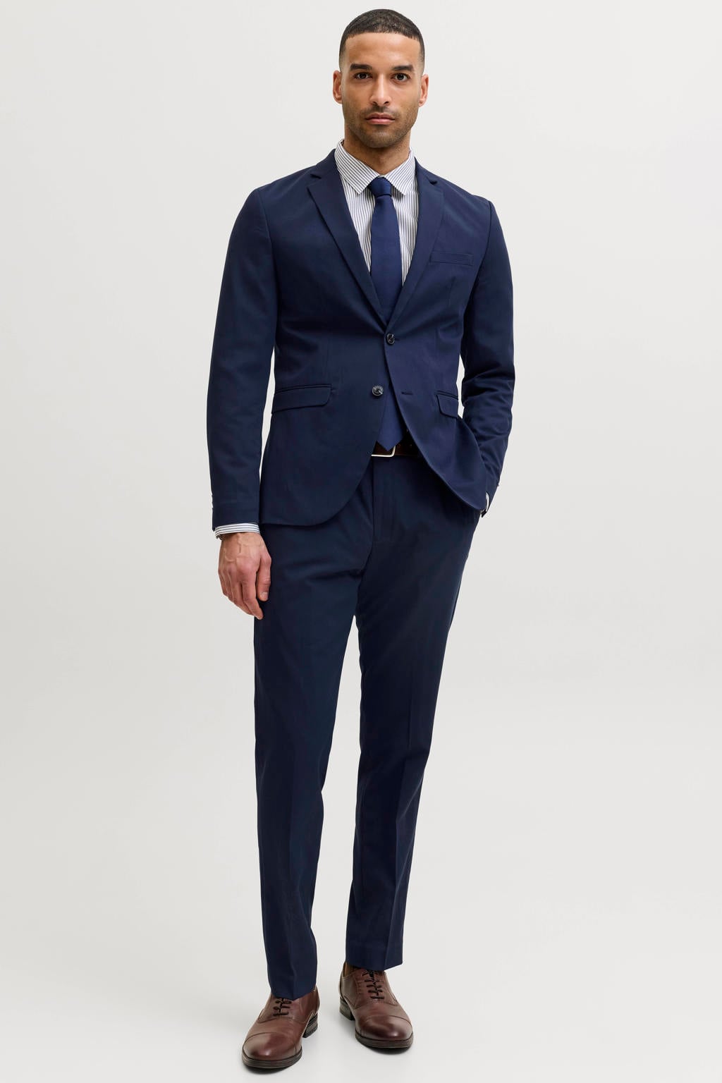 Donkerblauwe heren JACK & JONES PREMIUM colbert van polyester met effen, reverskraag, knoopsluiting en gebreide details