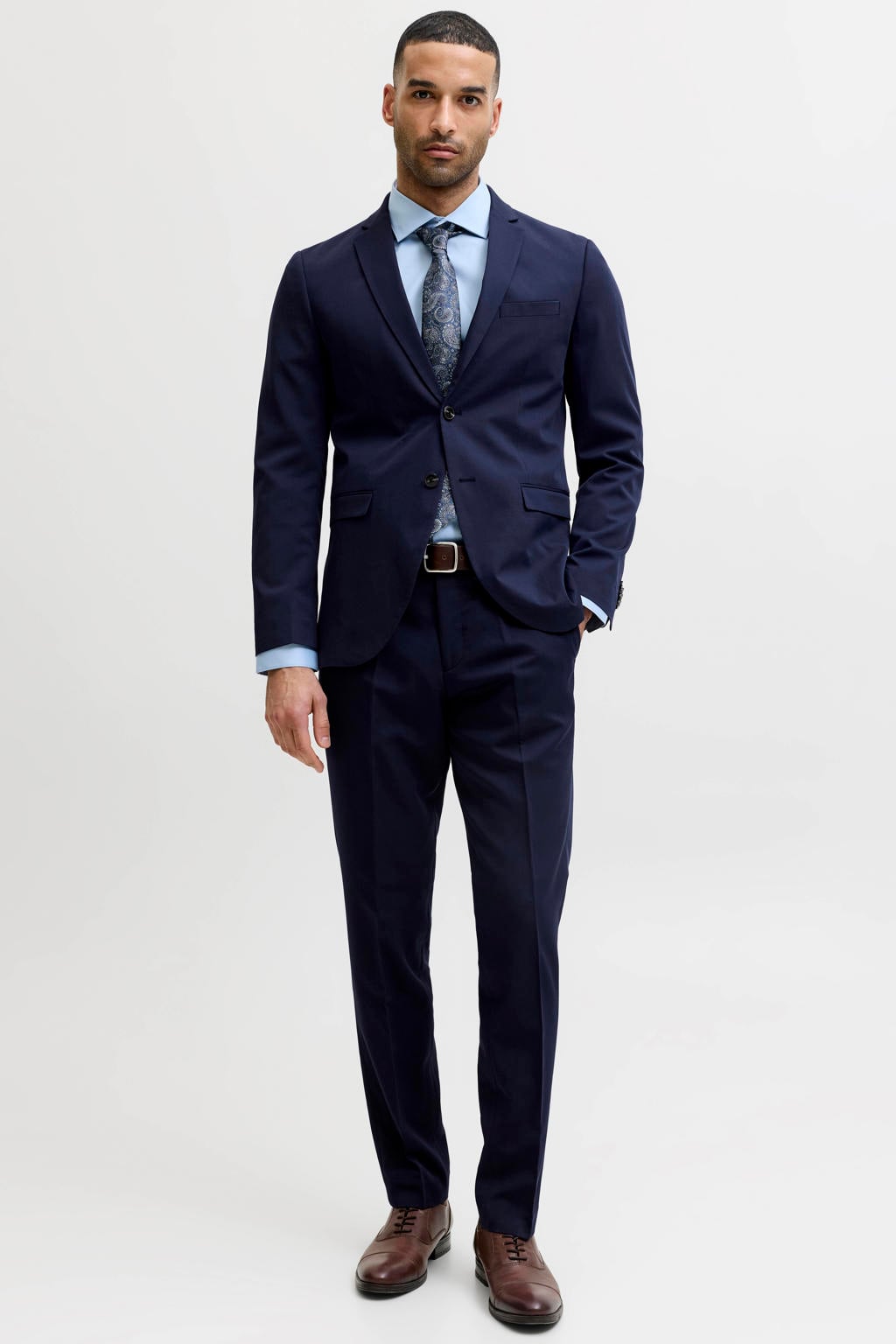 Donkerblauwe heren JACK & JONES PREMIUM slim fit gebreide colbert van polyester met effen en reverskraag