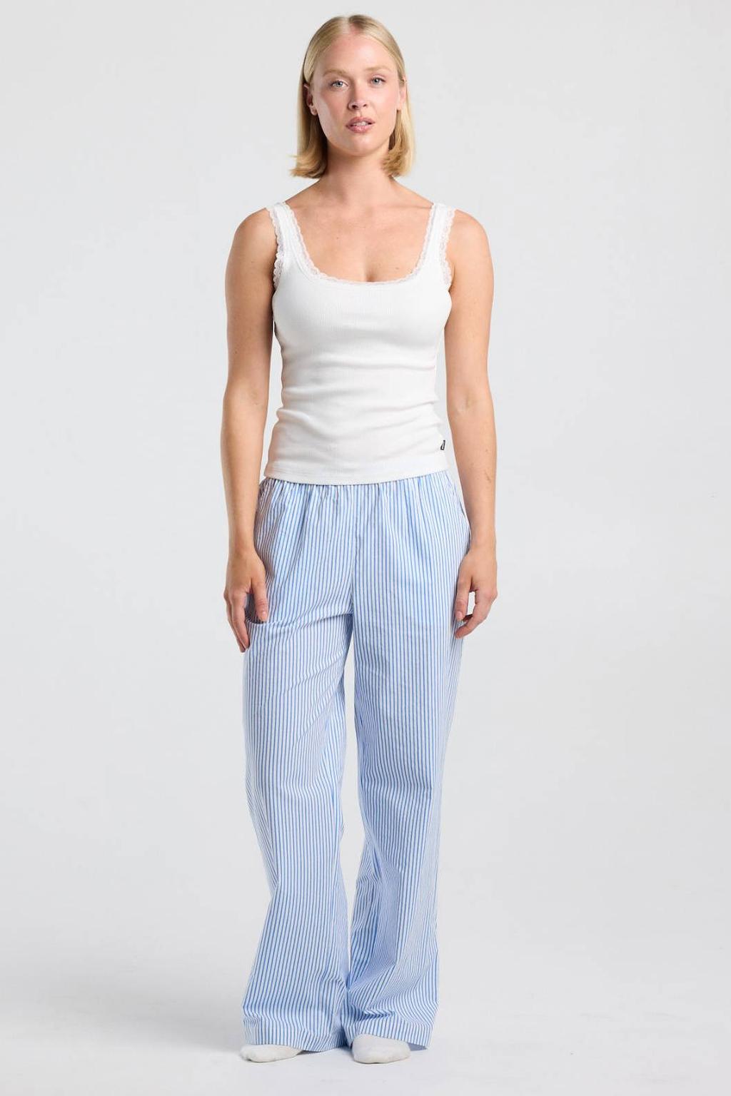 Lichtblauw en witte dames America Today pyjamabroek van katoen met elastische tailleband met koord en strepenprint