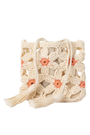 katoenen gehaakte gebloemde tas - beige