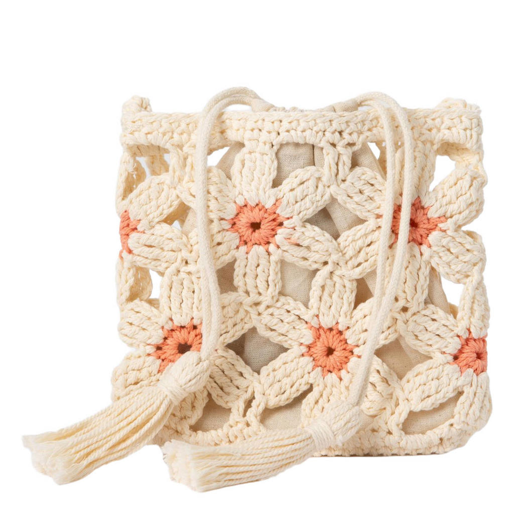 Sissy-Boy katoenen gehaakte gebloemde tas - beige