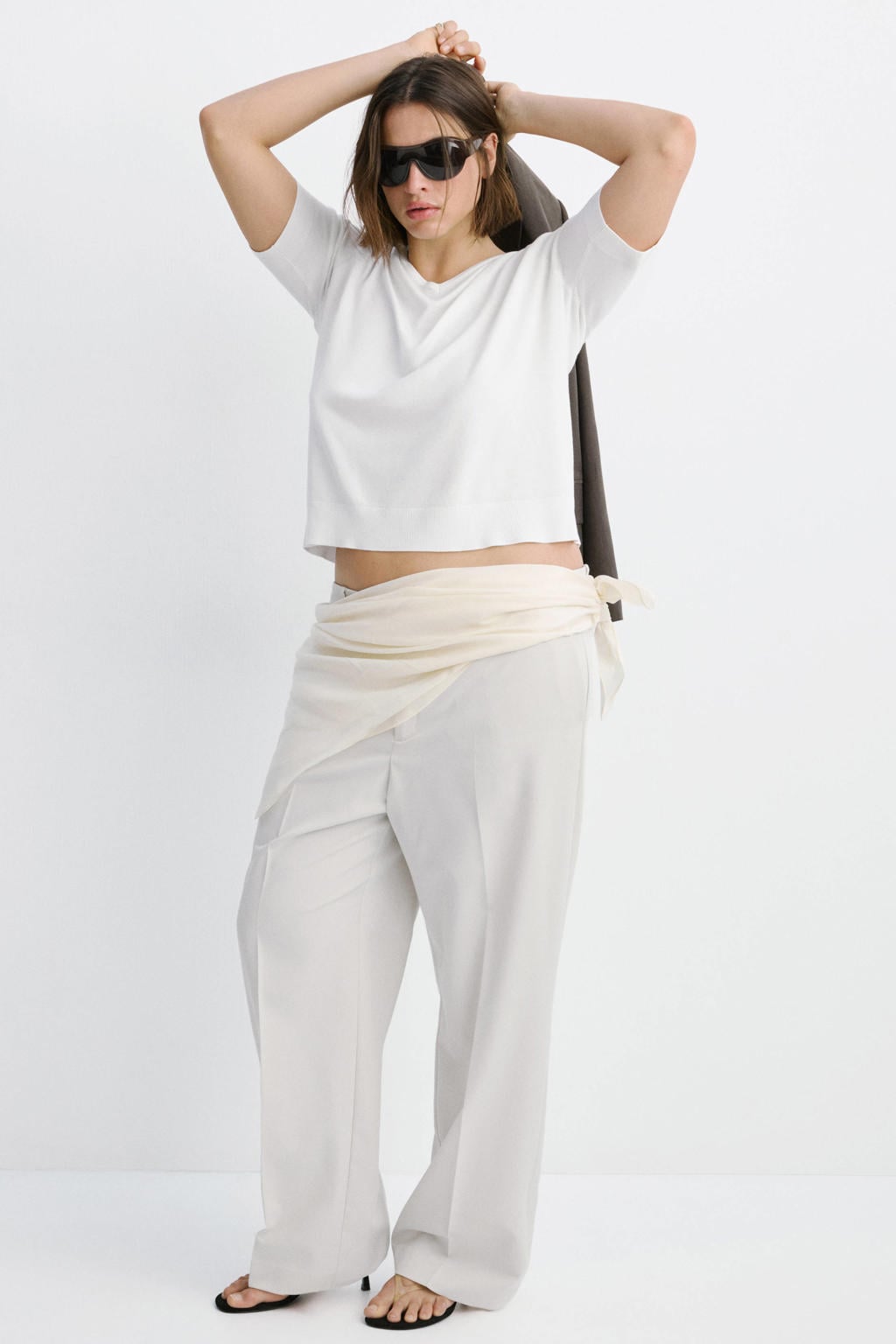 Witte dames Mango top van viscose met effen, driekwart mouwen en V-hals