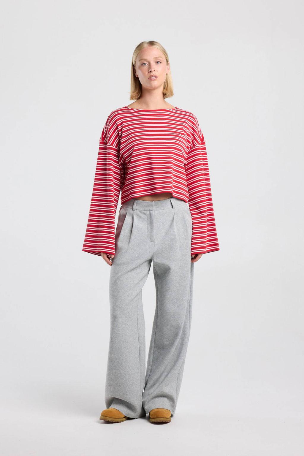 Rood en ecru dames America Today gestreepte longsleeve van katoen met lange mouwen en ronde hals