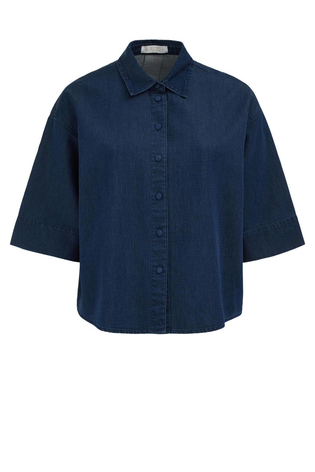 Dark blue denim dames WE Fashion blouse van katoen met effen, driekwart mouwen, klassieke kraag en knoopsluiting