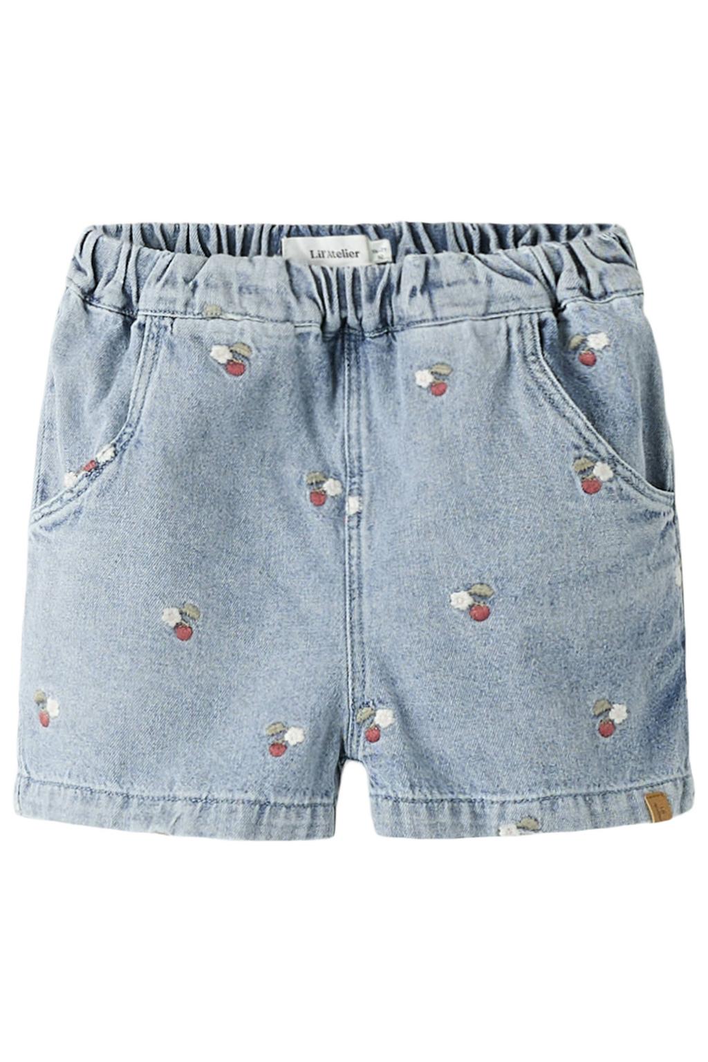 Medium blue denim meisjes LIL' ATELIER MINI loose fit gebloemde short mediumblauw van denim met elastische tailleband