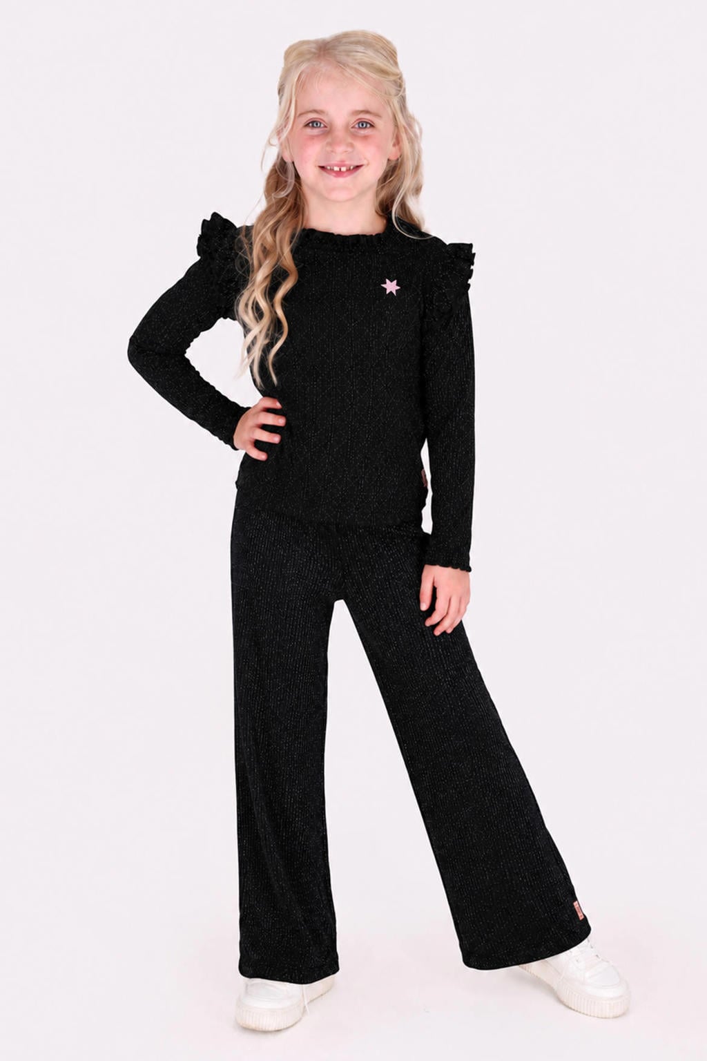 Zwarte meisjes B.Nosy aansluitende longsleeve van polyester met effen, lange mouwen, ronde hals en glitters