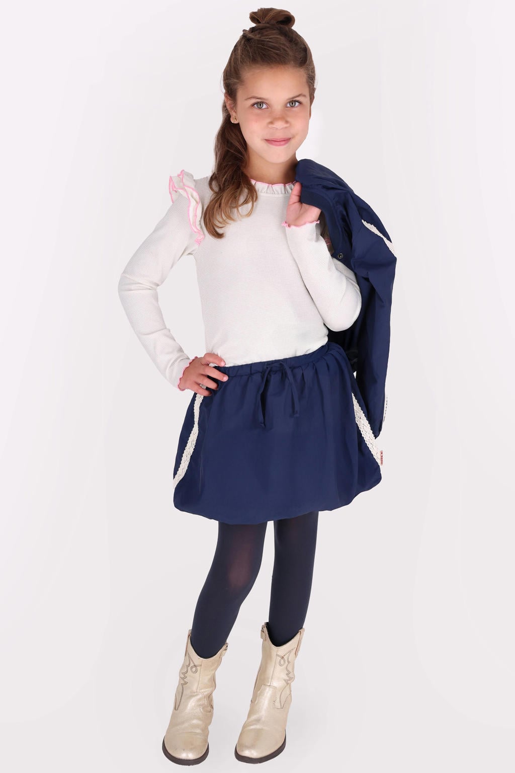 Witte meisjes B.Nosy aansluitende longsleeve van polyester met effen, lange mouwen, ronde hals en glitters
