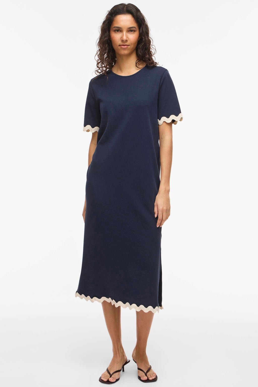 Donkerblauw en ecru dames VILA katoenen midi T-shirtjurk met korte mouwen en ronde hals