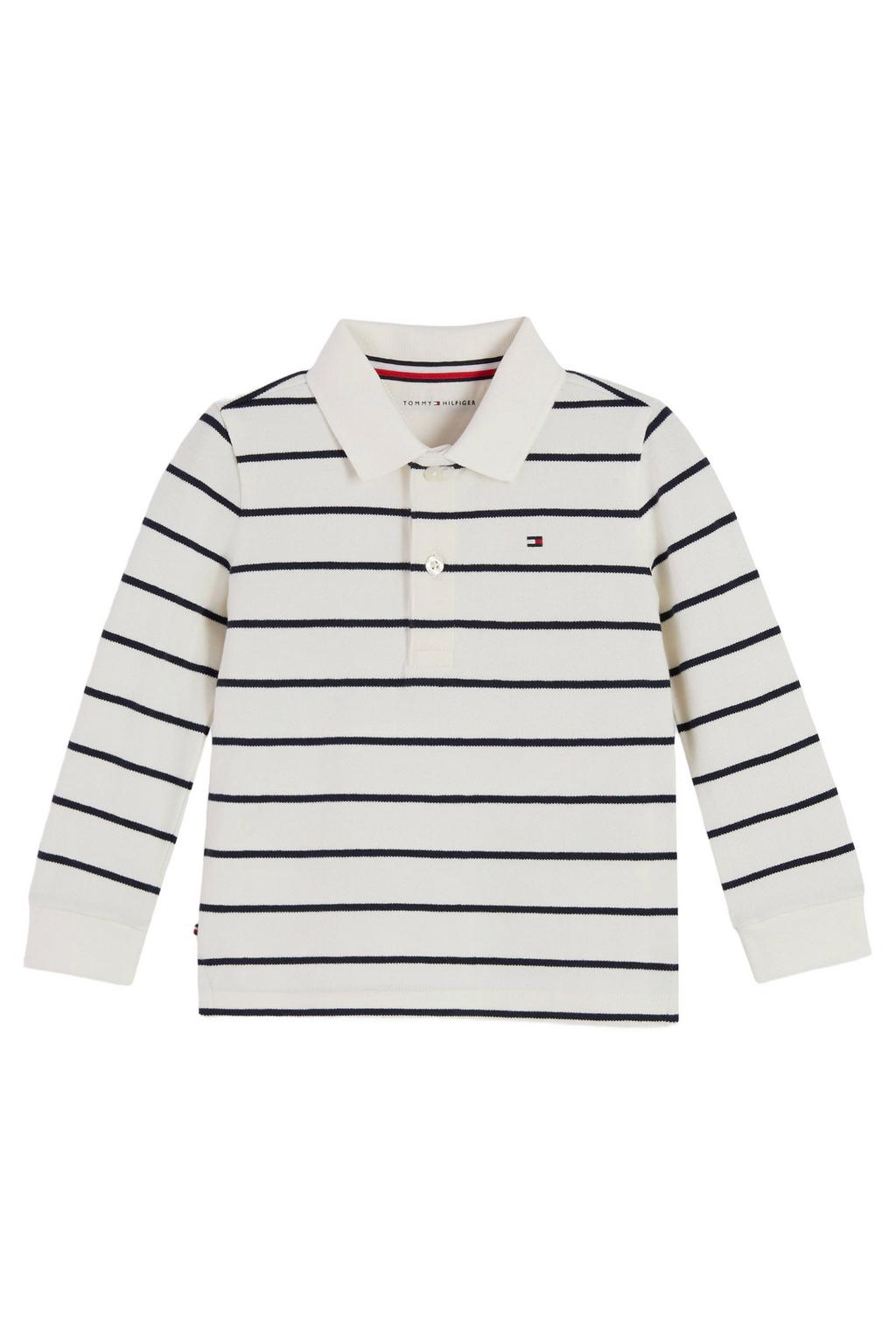 Wit en donkerblauwe jongens Tommy Hilfiger gestreepte polo van stretchkatoen met lange mouwen en knoopsluiting