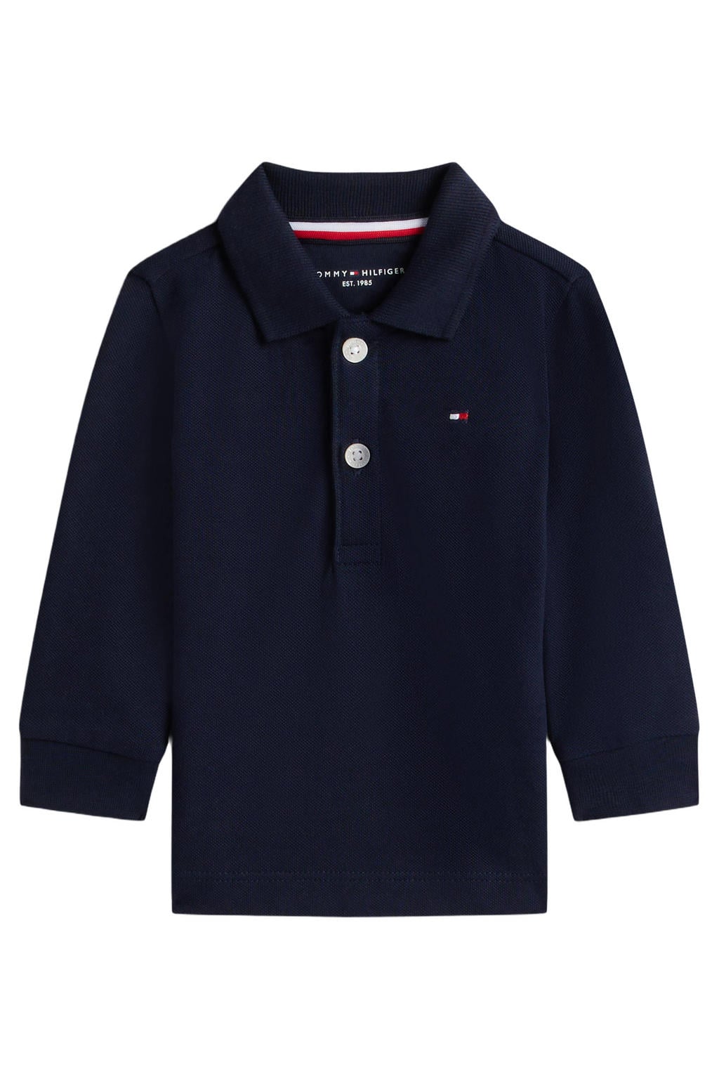 Donkerblauwe jongens Tommy Hilfiger polo van stretchkatoen met effen, lange mouwen en knoopsluiting