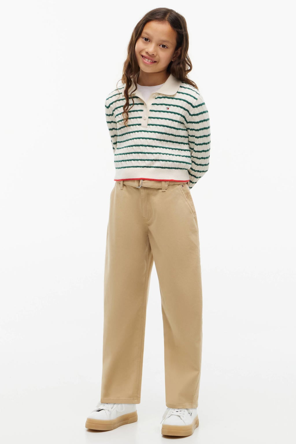 Groene meisjes Tommy Hilfiger gebreide gestreepte trui van katoen met lange mouwen, polo kraag en knoopsluiting