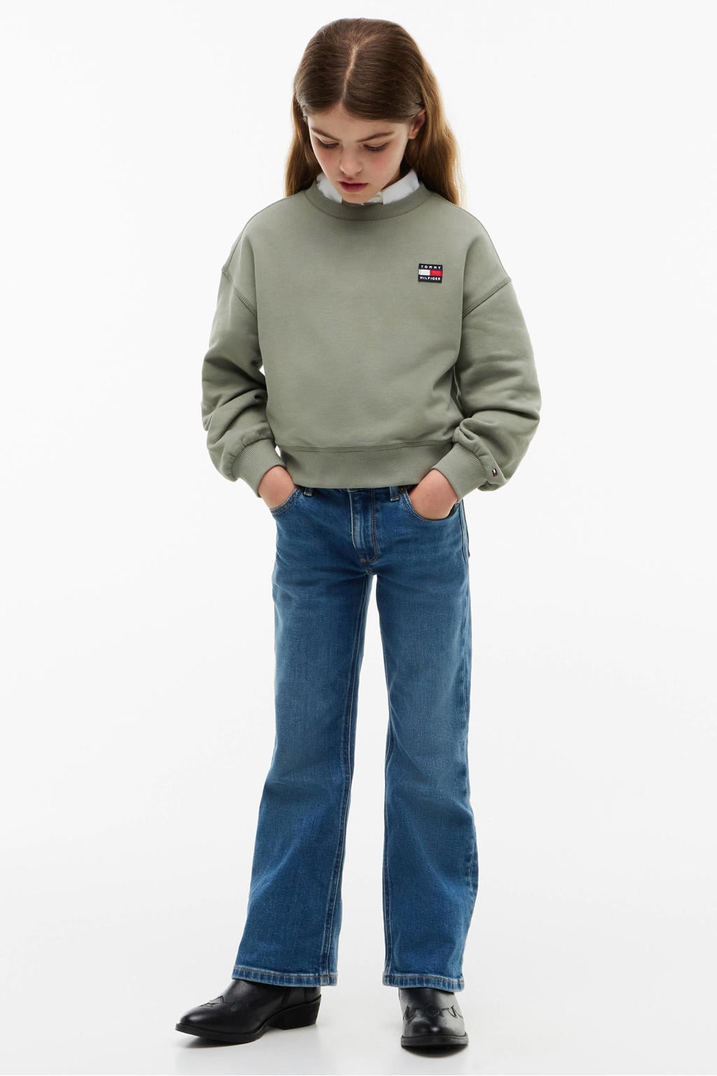 Groene meisjes Tommy Hilfiger sweater met effen, lange mouwen en geribde boorden