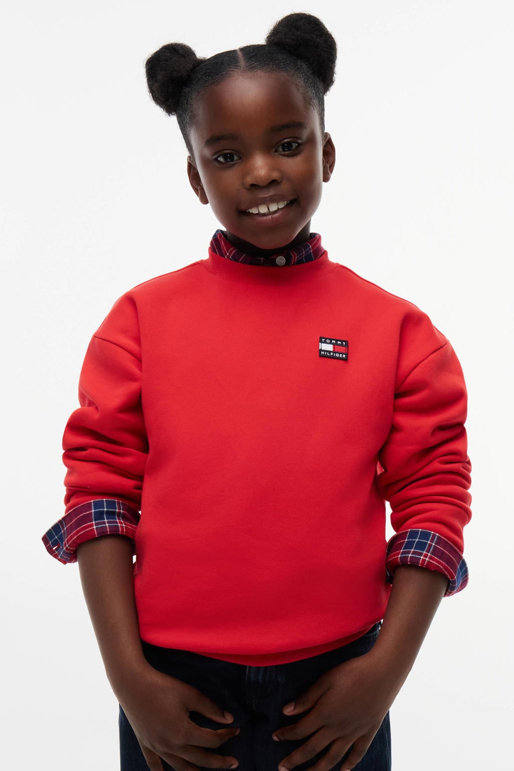 Rode jongens Tommy Hilfiger sweater met effen, lange mouwen, ronde hals en geribde boorden