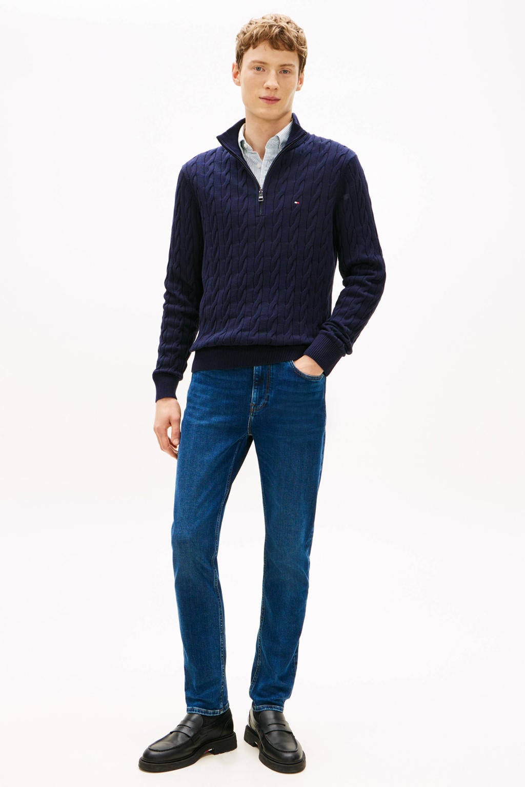 Tommy Hilfiger katoenen regular fit gebreide trui met kabels - donkerblauw