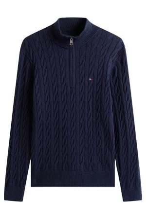 katoenen regular fit gebreide trui met kabels - donkerblauw