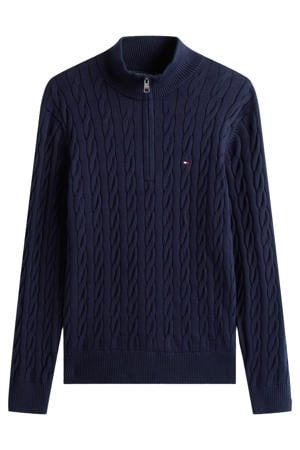 katoenen regular fit gebreide trui met kabels - donkerblauw