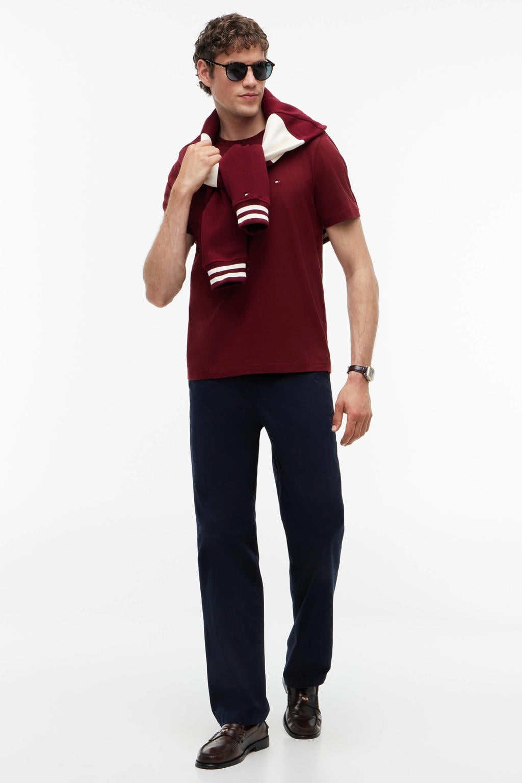 Donkerrode heren Tommy Hilfiger regular fit T-shirt van katoen met effen, korte mouwen en ronde hals