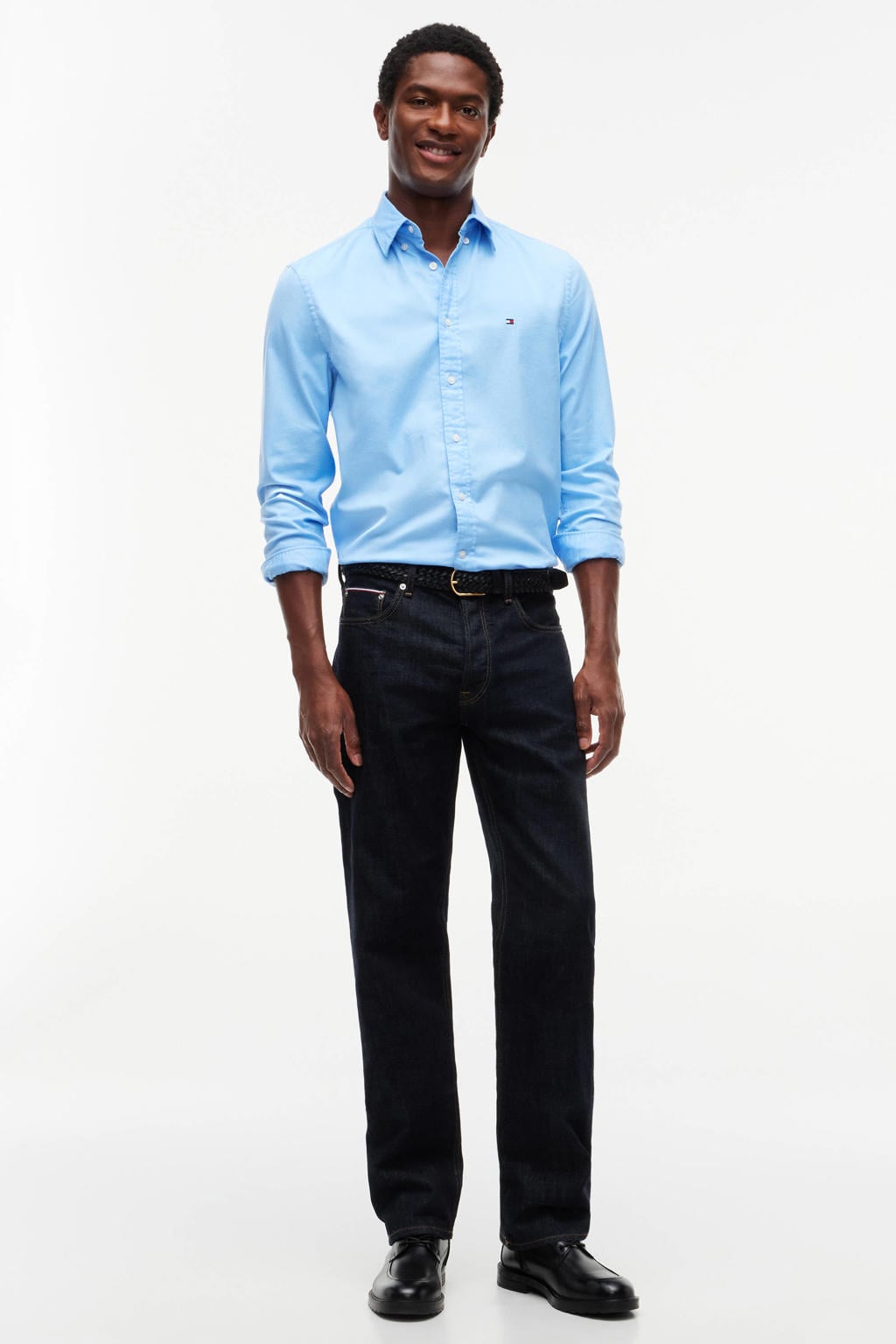 Lichtblauwe heren Tommy Hilfiger regular fit flanel zakelijk overhemd met effen, lange mouwen en button down sluiting