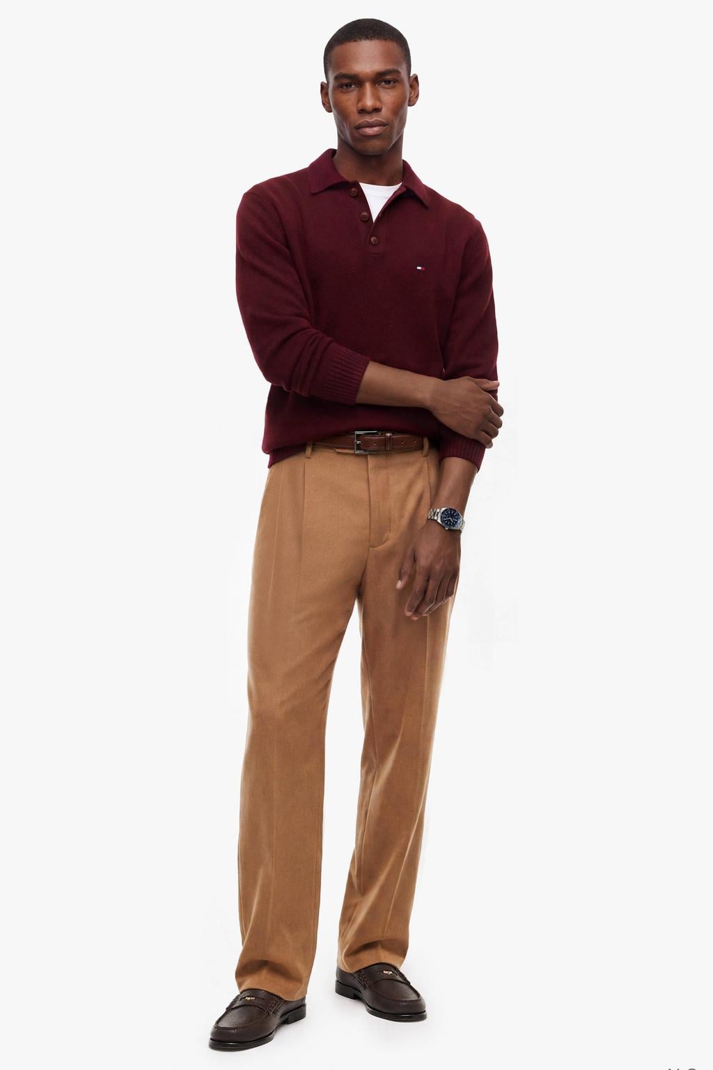 Donkerrode heren Tommy Hilfiger wollen regular fit trui burgundy met effen, lange mouwen en polo kraag