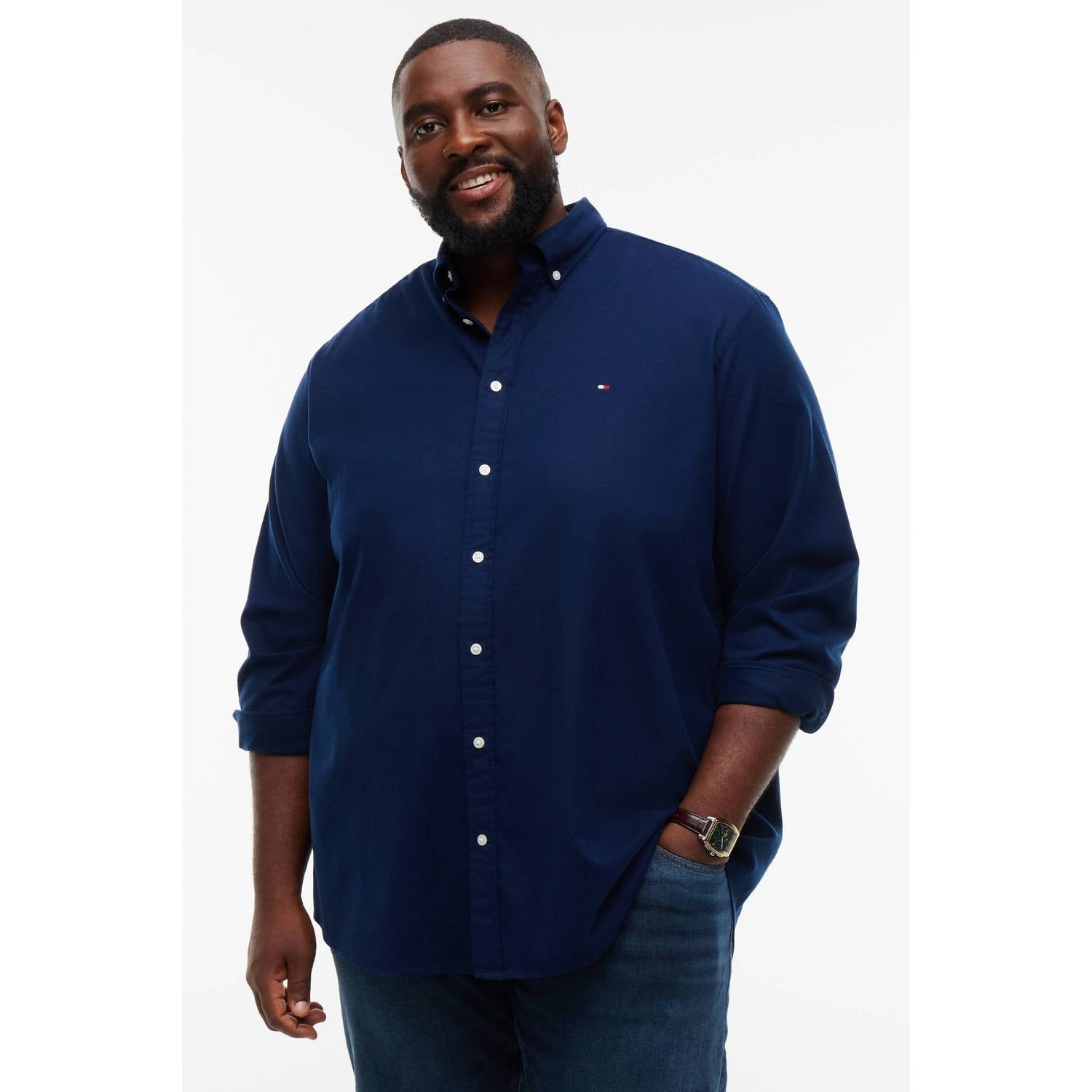 Tommy Hilfiger Big & Tall Fit flex Plus Size flanel regular fit overhemd donkerblauw