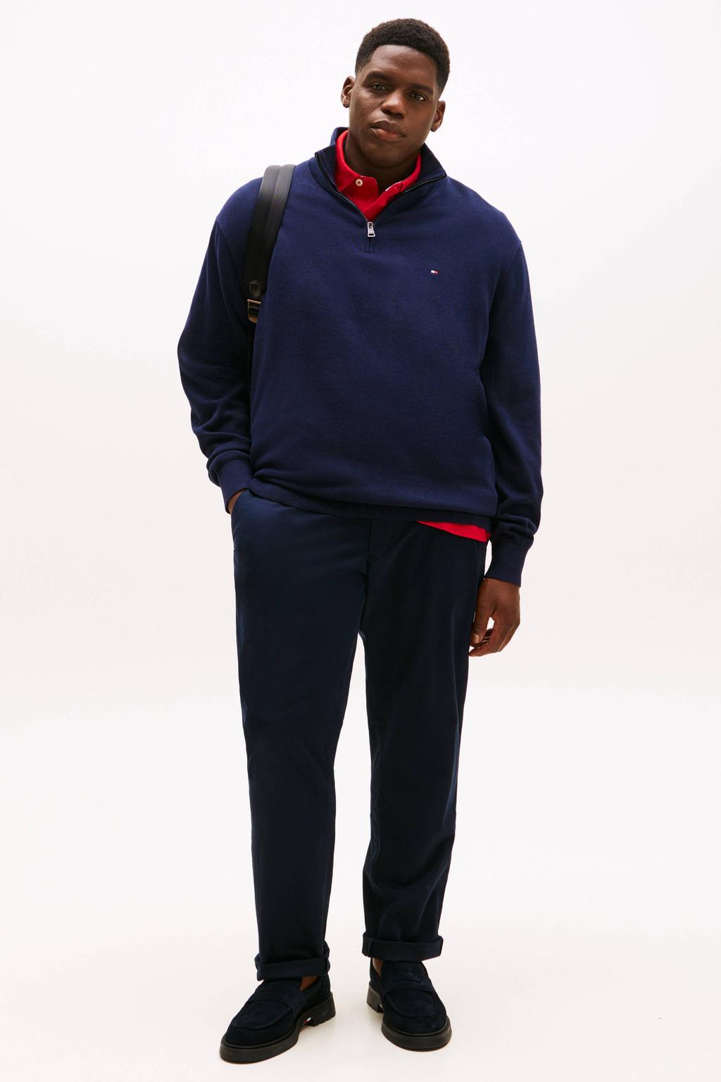 Donkerblauwe heren Tommy Hilfiger Big & Tall Plus Size regular fit gebreide trui van katoen met effen, lange mouwen en opstaande kraag