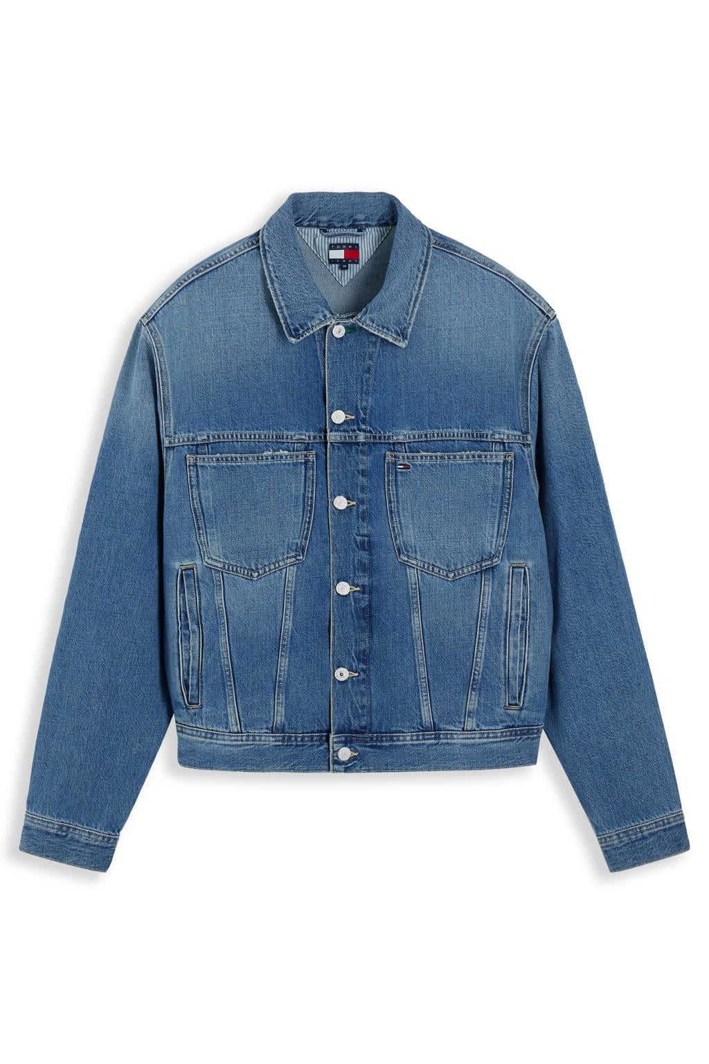 Lichtblauwe heren Tommy Jeans spijkerjas medium van denim met effen, lange mouwen, klassieke kraag en knoopsluiting