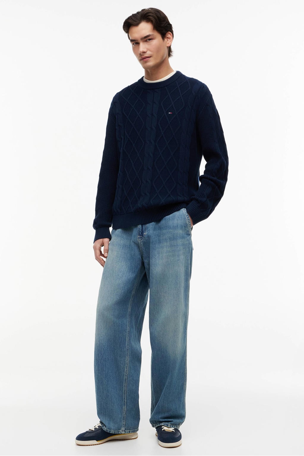 Donkerblauwe heren Tommy Jeans katoenen regular fit kabeltrui met lange mouwen en ronde hals