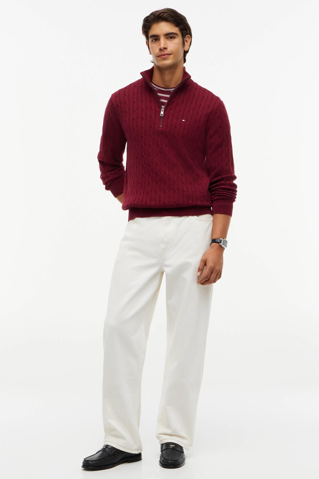 Tommy Hilfiger katoenen regular fit gebreide trui met kabels - burgundy