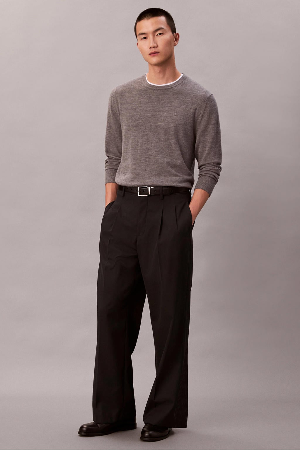 Grijze heren Calvin Klein wollen regular fit gebreide gemêleerde trui met melée print, lange mouwen en ronde hals