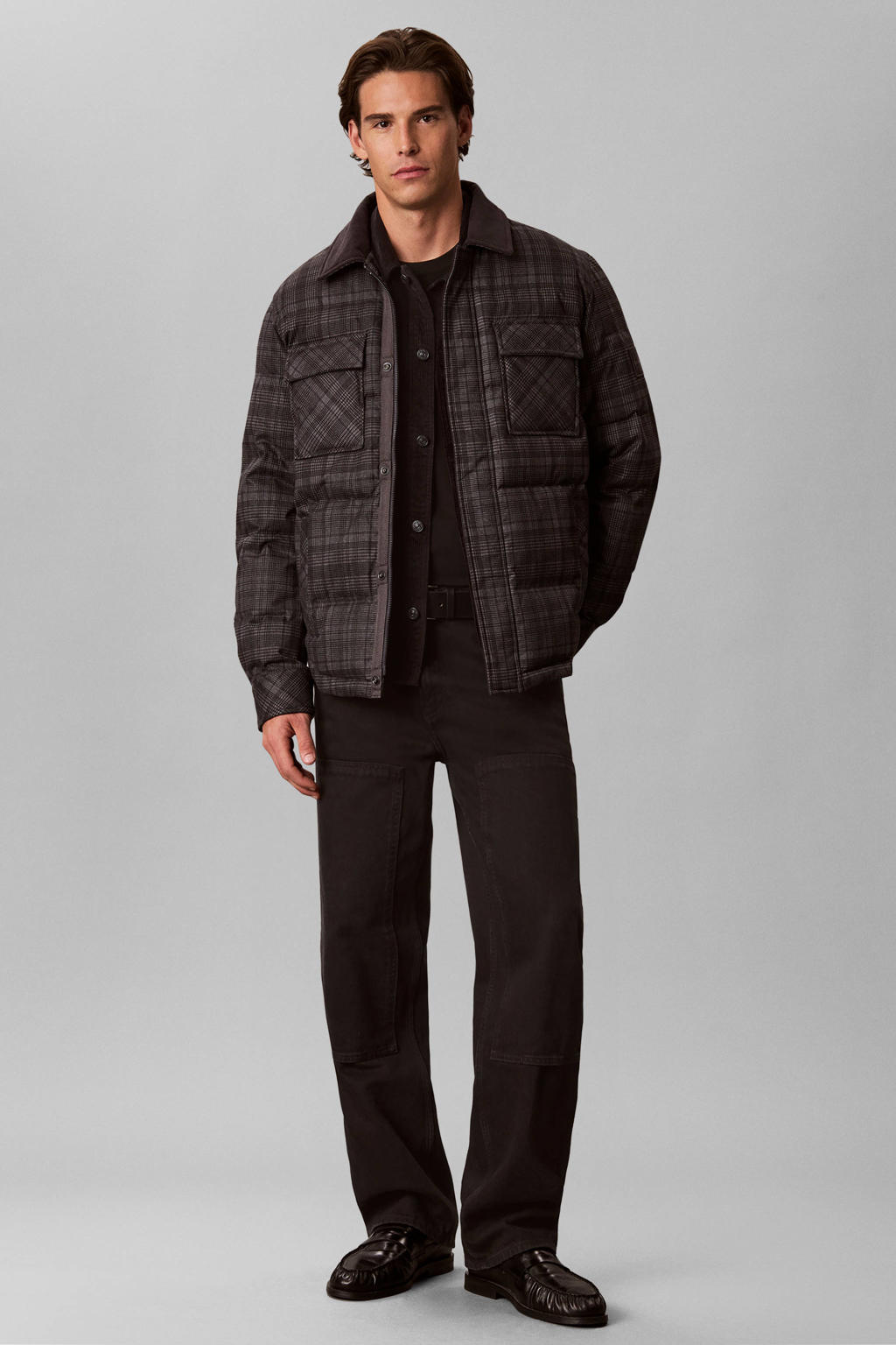 Bruine heren CALVIN KLEIN JEANS geruite corduroy pufferjas van polyester met lange mouwen, klassieke kraag en rits- en drukknoopsluiting