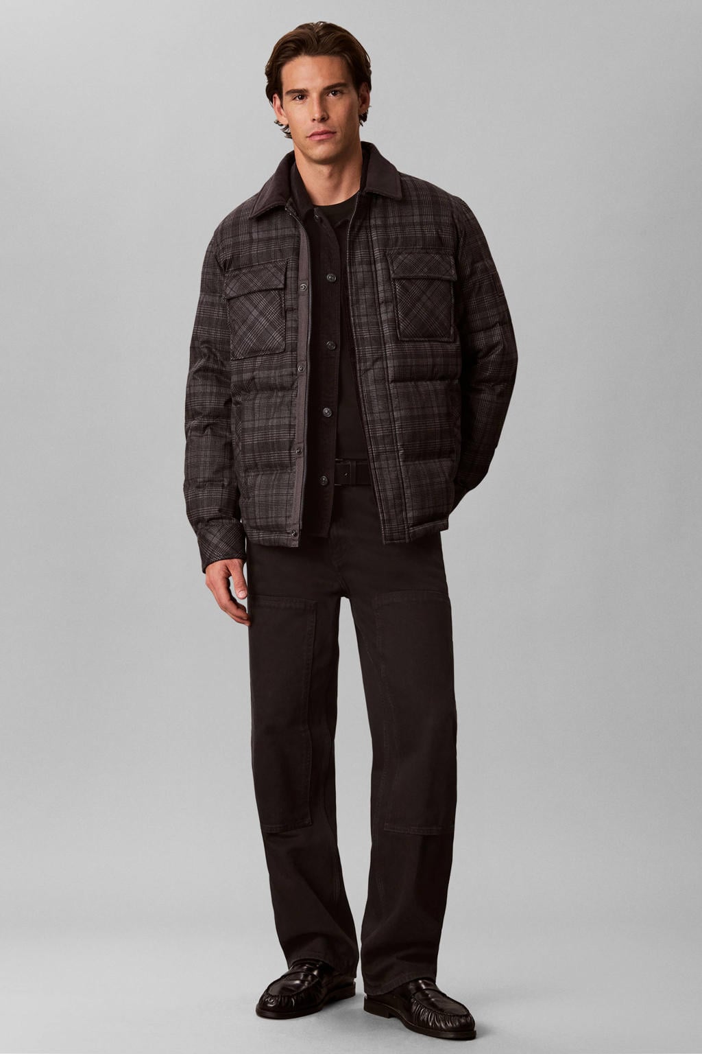 Bruine heren CALVIN KLEIN JEANS geruite corduroy pufferjas van polyester met lange mouwen, klassieke kraag en rits- en drukknoopsluiting
