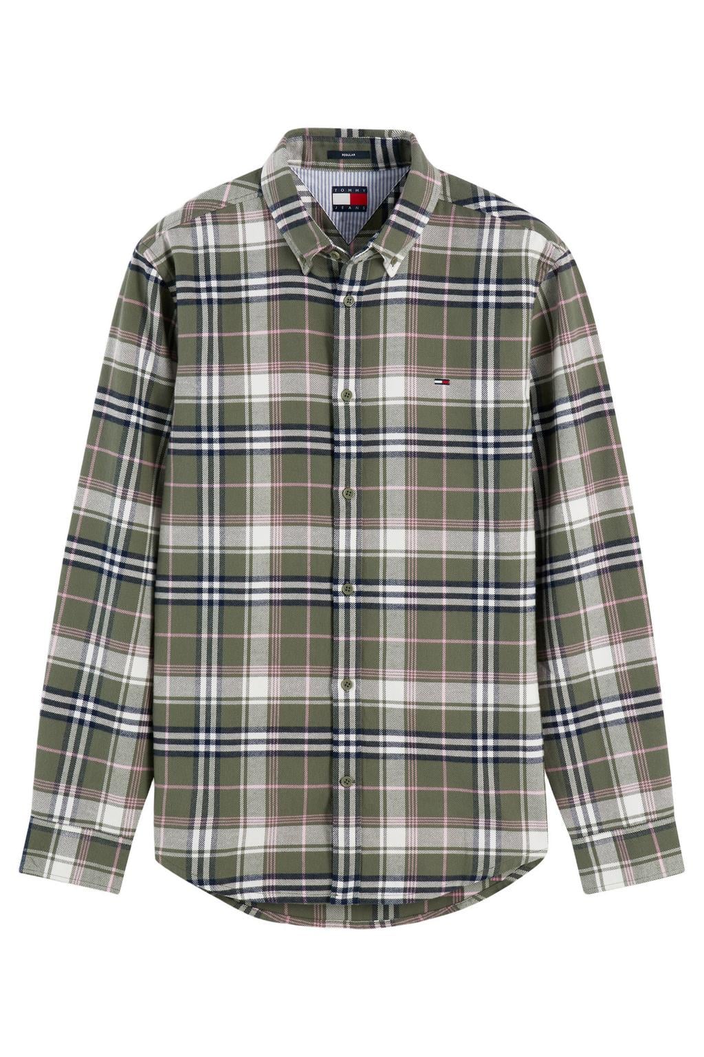 Groene heren Tommy Jeans flanel regular fit geruit overhemd rocky mountain met lange mouwen en button down sluiting