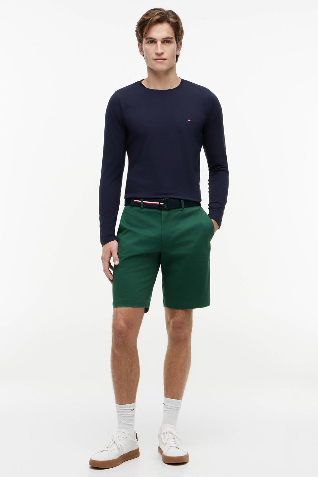 Donkerblauwe heren Tommy Hilfiger slim fit longsleeve van stretchkatoen met lange mouwen en ronde hals
