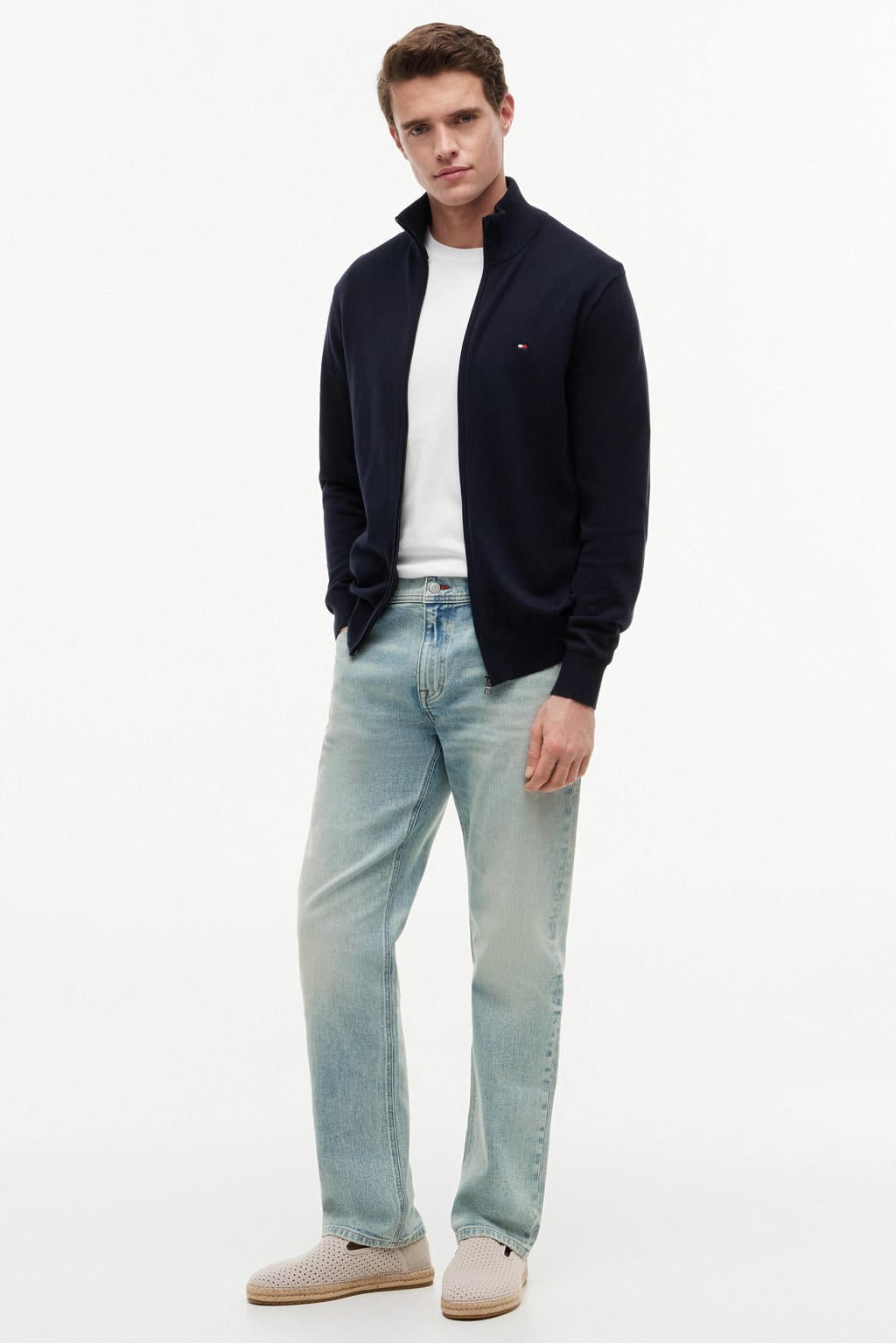 Donkerblauwe heren Tommy Hilfiger katoenen gebreid vest met lange mouwen, opstaande kraag en ritssluiting