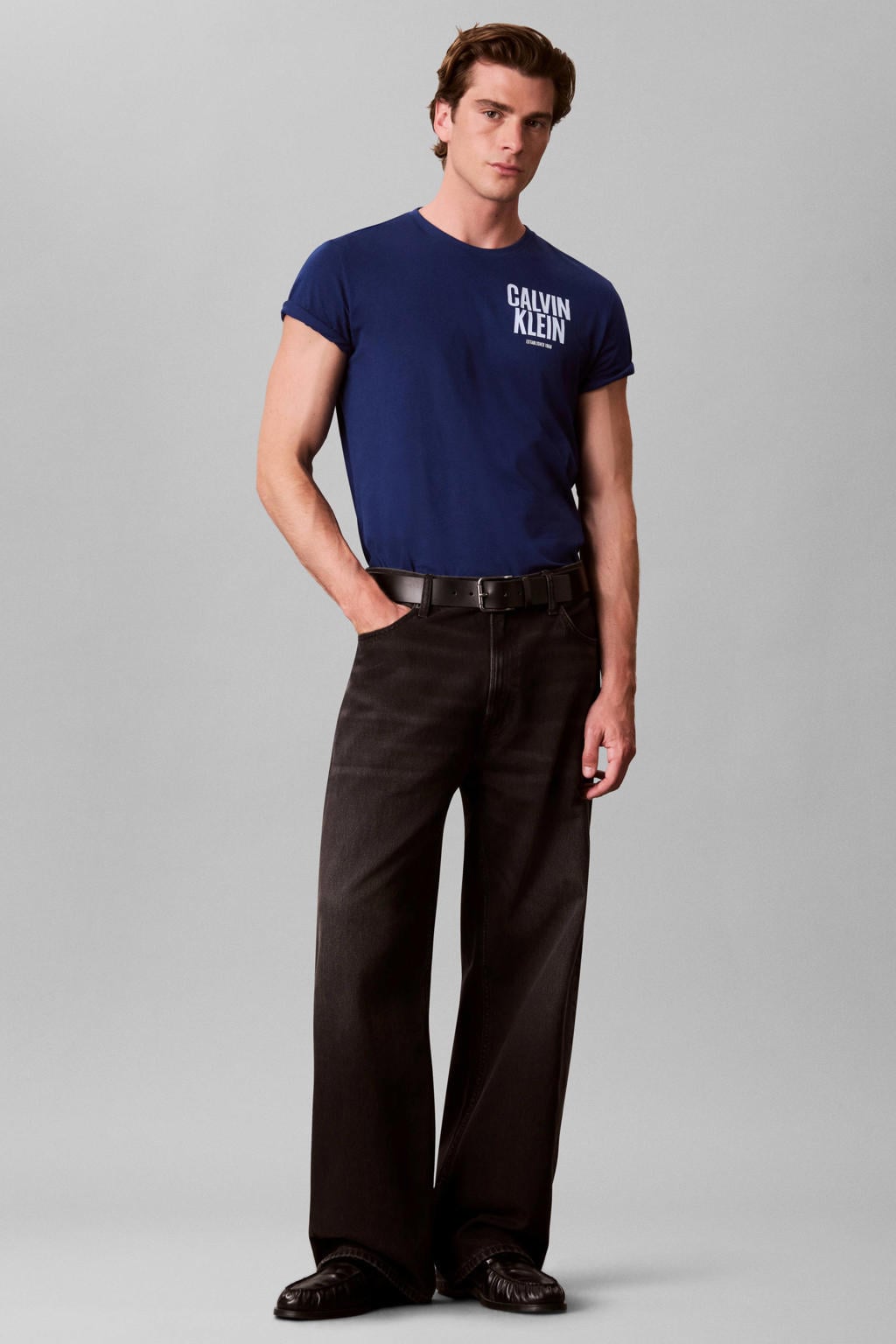 Blauwe heren CALVIN KLEIN JEANS regular fit T-shirt - van katoen met korte mouwen en ronde hals