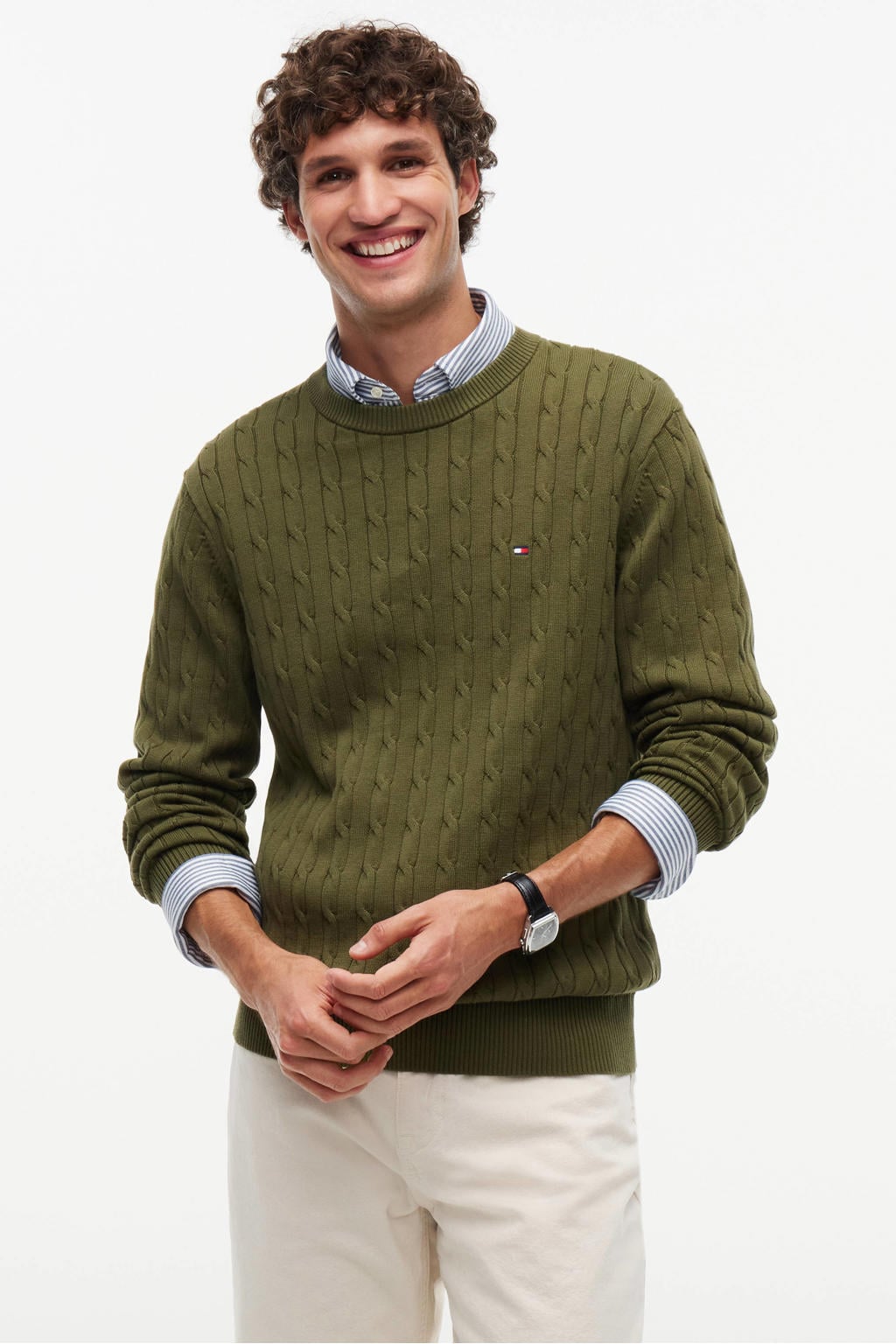 Tommy Hilfiger katoenen kabeltrui met kabels - groen