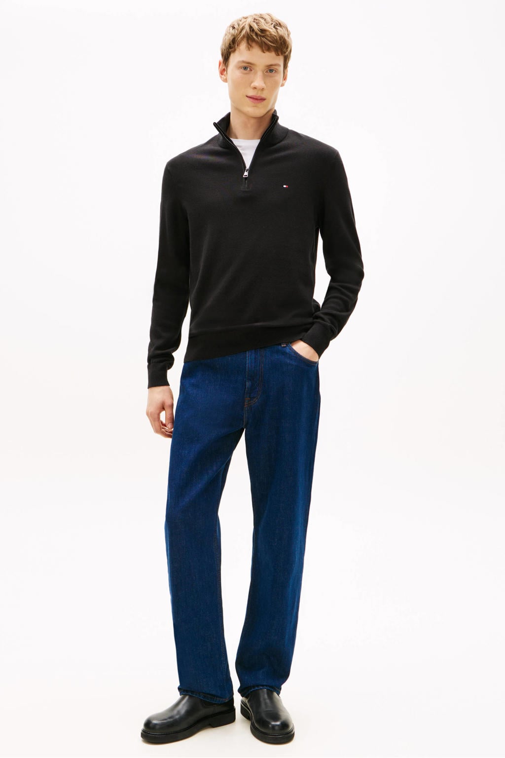 Zwarte heren Tommy Hilfiger gebreide trui van katoen met effen, lange mouwen, opstaande kraag en halve rits